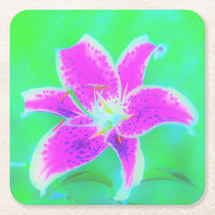 Dessous-de-verre Carré En Papier Lys Stargazer rose chaud sur fond turquoise et ver