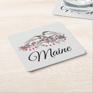 Dessous-de-verre Carré En Papier Maine Chickadee Bird hiver Noël Vacances Neige