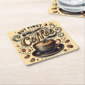 Dessous-de-verre Carré En Papier Mais First Coffee Art - Design Or Stylé (Incliné)