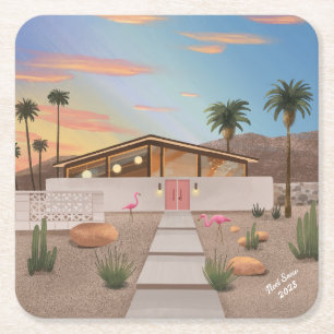 Dessous-de-verre Carré En Papier Maison de Flamants roses moderne du milieu du sièc