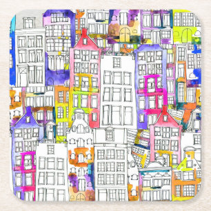 Dessous-de-verre Carré En Papier Maisons d'Amsterdam : Aquarelle Motif sans couture