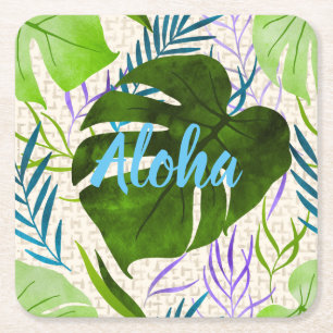 Dessous-de-verre Carré En Papier Maleah Monstera Tropical Hawaiian Aquarelle Vert
