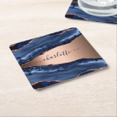 Dessous-de-verre Carré En Papier Marbre agate bleue rose nom script (Incliné)
