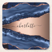 Dessous-de-verre Carré En Papier Marbre agate bleue rose nom script (Devant)