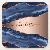 Dessous-de-verre Carré En Papier Marbre agate bleue rose script nom (Devant)