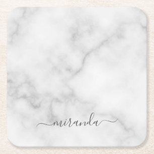 Dessous-de-verre Carré En Papier Marbre blanc de nom personnalisé de script moderne