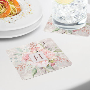 Dessous-de-verre Carré En Papier Marbre floral élégant rose pivoine Monogram