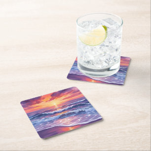 Dessous-de-verre Carré En Papier Marée Violette Vagues de l'océan au coucher de s
