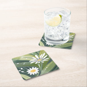 Dessous-de-verre Carré En Papier Marguerites de printemps Jardin floral blanc aqu