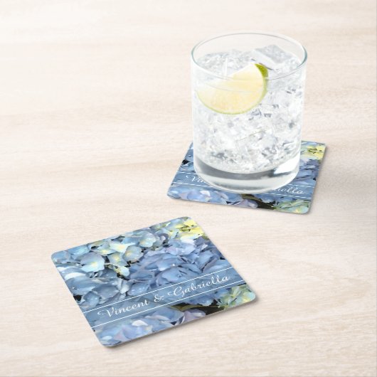 Dessous-de-verre Carré En Papier Mariage à fleurs Blue Hydrangea (En situation)