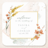 Dessous-de-verre Carré En Papier Mariage aux fleurs sauvages aquarelle Bienvenue or (Devant)