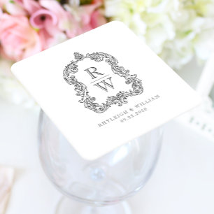 Dessous-de-verre Carré En Papier Mariage Blanc Charbon de Crête de Monogramme Vinta