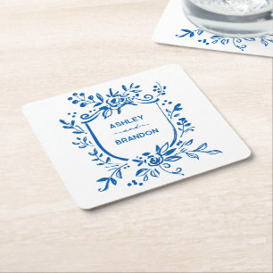 Dessous-de-verre Carré En Papier Mariage Blason Botanique Bleu Français Fantaisiste
