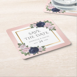 Dessous-de-verre Carré En Papier Mariage bleu et bleu marine Sauvez la date
