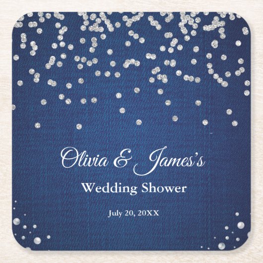 Dessous-de-verre Carré En Papier Mariage Blue Denim Diamants Perles Couple Shower (Devant)
