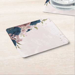 Dessous-de-verre Carré En Papier mariage botanique bleu marine rose