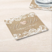 Dessous-de-verre Carré En Papier Mariage campagnard Rustique Burlap Et Dentelle (Incliné)