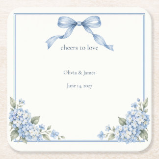 Dessous-de-verre Carré En Papier Mariage Cocktail Hydrangea Bleu Poussiéreux Ruban