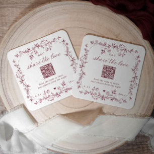 Dessous-de-verre Carré En Papier Mariage Code QR Fleurs de Français Bourgogne Rouge