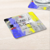 Dessous-de-verre Carré En Papier Mariage Créatif Art Abstrait Bleu Jaune Blanc (Incliné)