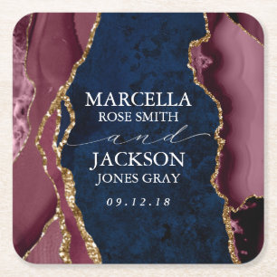 Dessous-de-verre Carré En Papier Mariage d'âge marine, bourgogne et or
