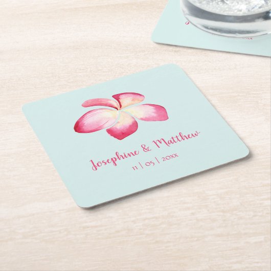 Dessous-de-verre Carré En Papier Mariage d'aquarelle rose de la Plumeria tropicale (Incliné)