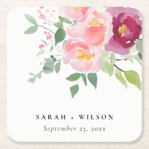 Dessous-de-verre Carré En Papier Mariage d'aquarelle Rose rose-bleu