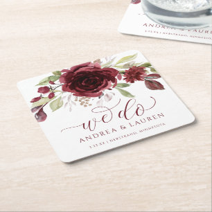 Dessous-de-verre Carré En Papier Mariage d'automne Bourguignon Fleurs Feuillage Rou