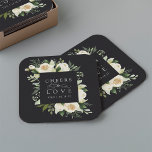 Dessous-de-verre Carré En Papier Mariage de cadre floral en ivoire "Cheval to Love"<br><div class="desc">Notre collection de fleurs d'ivoire à mariage florale présente une verdure d'aquarelle délicatement peinte, des feuilles d'eucalyptus, un feuillage botanique vert et des fleurs de pivoines blanches et d'ivoire. "Cheers to love" apparaît en lettrage classique avec accents de script de calligraphie. Personnalisez ces dessous de verre personnalisés avec vos initiales...</div>