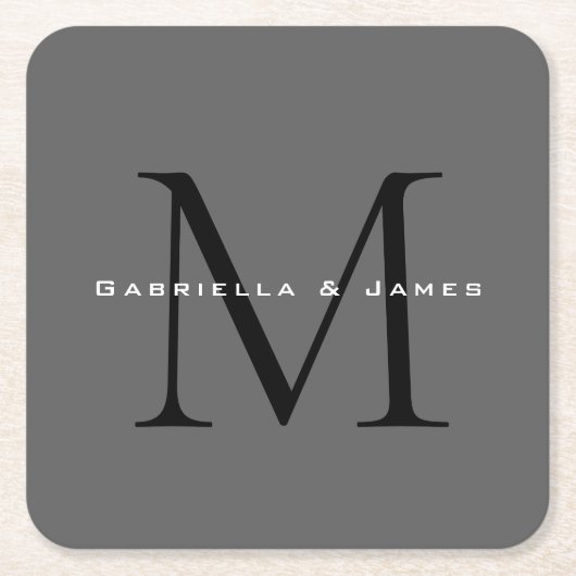 Dessous-de-verre Carré En Papier Mariage de calligraphie gris-noir monogramme (Devant)