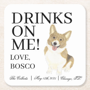 Dessous-de-verre Carré En Papier Mariage de Chien de Corgi blanc et de Fawn