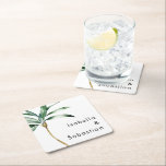 Dessous-de-verre Carré En Papier Mariage de destination Palm Tree<br><div class="desc">Ce modèle de dessous de verre en papier carré de destination de palmiers à palmiers d'aquarelle tropicale sur un arrière - plan blanc éclatant qui évoque l'ambiance rêveuse d'un mariage de destination. ce design rayonne sur l'amour des rivages de sable et des palmiers balançants, parfait pour les couples à la...</div>