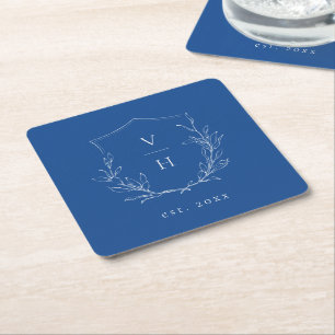 Dessous-de-verre Carré En Papier Mariage de monogramme bleu simple de crête botaniq