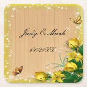 Dessous-de-verre Carré En Papier Mariage de papillon floral jaune bois rustique (Devant)