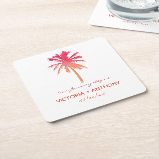 Dessous-de-verre Carré En Papier Mariage de plage Tropical Sunset Palm Tree Beach (Incliné)