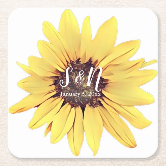 Dessous-de-verre Carré En Papier Mariage de tournesol peint Monogramme Carré Papier (Devant)