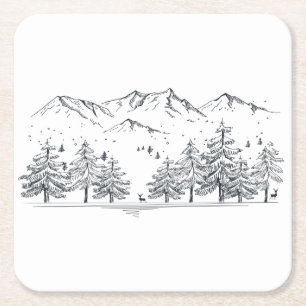 Dessous-de-verre Carré En Papier Mariage d'hiver Montagne Rustique Campagne Arbre N
