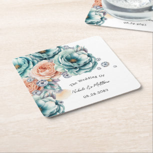 Dessous-de-verre Carré En Papier Mariage diamant Turquoise et Pêche Rose