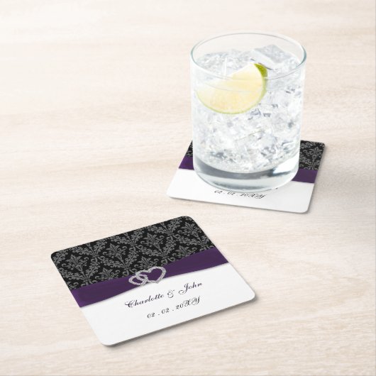 Dessous-de-verre Carré En Papier Mariage Diamante Damas Violet (En situation)