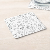 Dessous-de-verre Carré En Papier Mariage d'illustrations de Doodle en noir et blanc (Incliné)