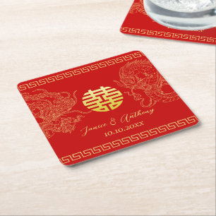 Dessous-de-verre Carré En Papier Mariage dragon phénix réception chinois rouge