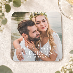 Dessous-de-verre Carré En Papier Mariage élégant blanc Photo de M et Mme