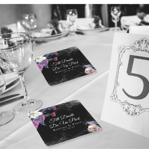 Dessous-de-verre Carré En Papier Mariage élégant noir violet gothique floral crâne