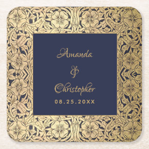 Dessous-de-verre Carré En Papier Mariage élégant Or Bleu marine Vintage Roses sauva