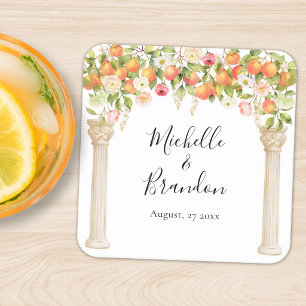 Dessous-de-verre Carré En Papier Mariage Élégant Personnalisé Aquarelle Orange