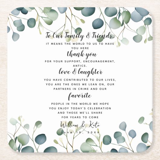 Dessous-de-verre Carré En Papier Mariage Eucalyptus/Merci mariage (Devant)