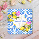 Dessous-de-verre Carré En Papier Mariage favorise cadeau Bleu tuiles citron Bougain<br><div class="desc">Carreaux bleus Bougainvillea et citron Amalfi Positano style méditerranéen mariage personnalisé cadeau cadeau personnalisé dessous de verre en papier nom,  cadeaux de fête de mariée personnalisés.</div>