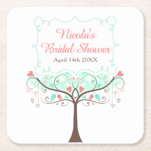 Dessous-de-verre Carré En Papier Mariage Fleuris Oiseaux Menthe et Corail