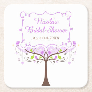 Dessous-de-verre Carré En Papier Mariage Fleuris Oiseaux Violet et Vert