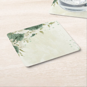 Dessous-de-verre Carré En Papier mariage fleurs blanches vert sauge